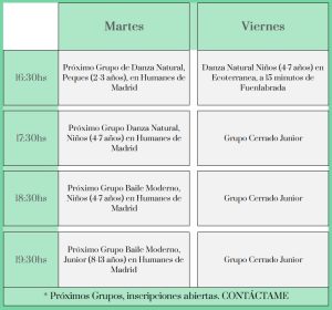 TABLA DE HORARIOS PARA Niños